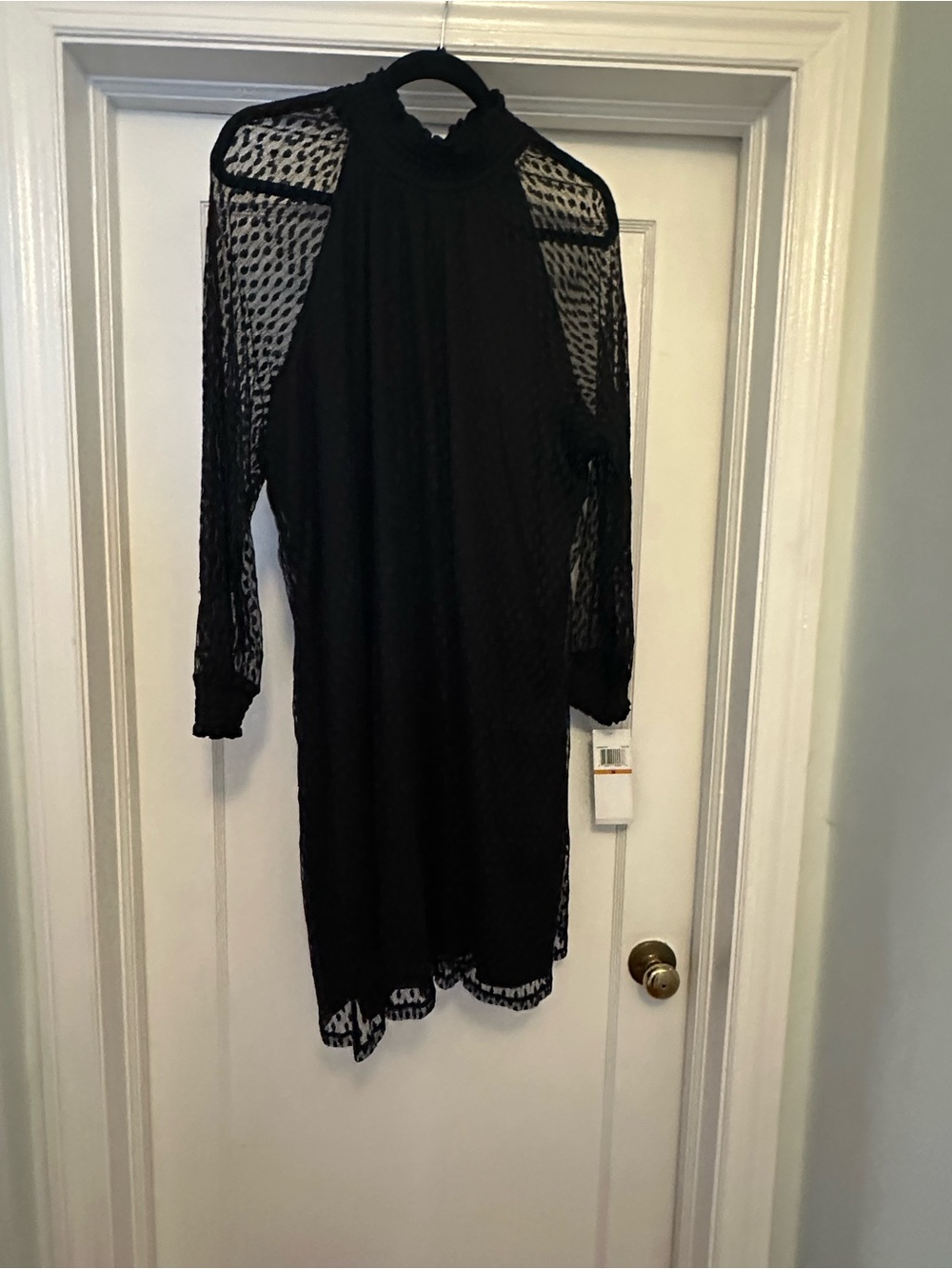 Nina Leonard Black Sheer-Panel Long Sleeve Midi Dress